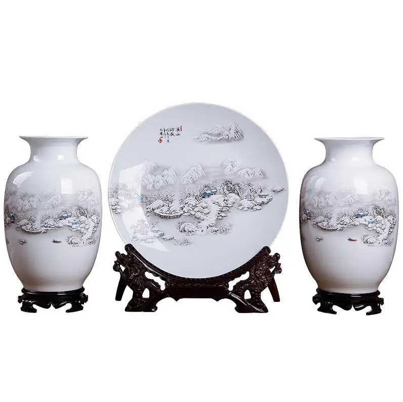 3PCS Jingdezhen Ceramic Vases Chinese Flower Ornaments Porcelain Bottle Ceramic Dishes Home Furnishing Decoration Plates Crafts