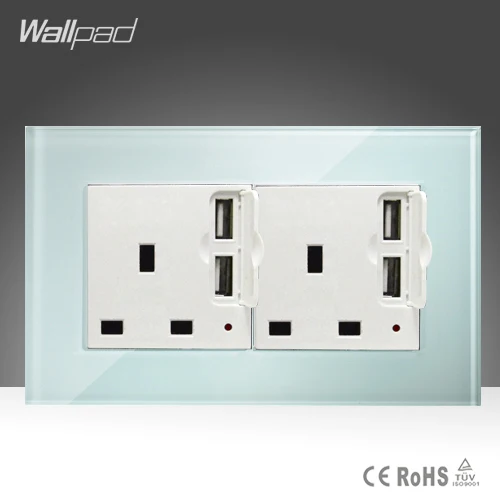

4 USB Socket Hot Sales Wallpad Hotel White Tempered Glass 146*86mm Double 13A UK Standard Socket with 4 USB Charging Ports