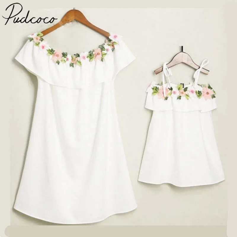 2018 Brand New Princess Summer Family Matching Mother Girls Dress Off Shoulder Floral Ruffles Straight White 3-11Y | Мать и ребенок