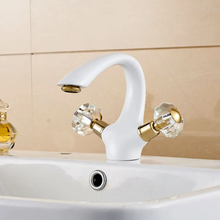 Двойной Cristal ручки роскошный ванной кран палуба гора белый цвет раковина