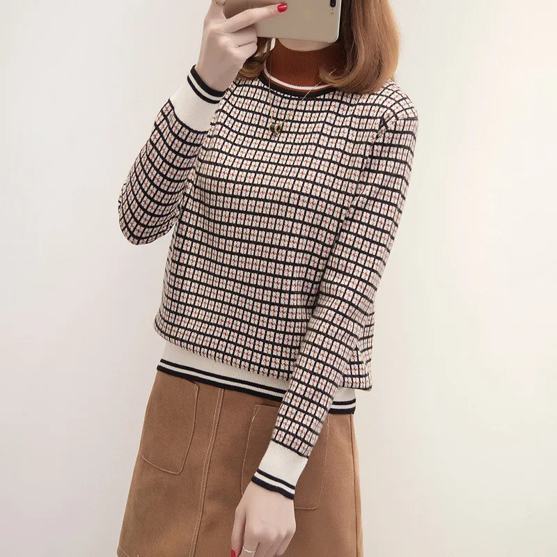 Spring Ladies Sweater 2019 New High Collar Loose Pullover Short Plaid Knitwear Autumn Wild Long Sleeve Bottoming Lj129 | Женская одежда