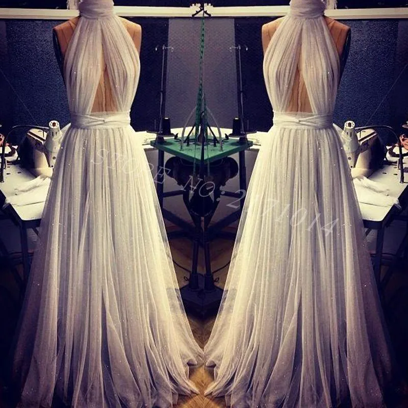 

2020 New Custom Made Elegant Sexy V Neck Spaghetti Straps Open Back White Satin Ruffles Puffy Tulle A-line Wedding Dress