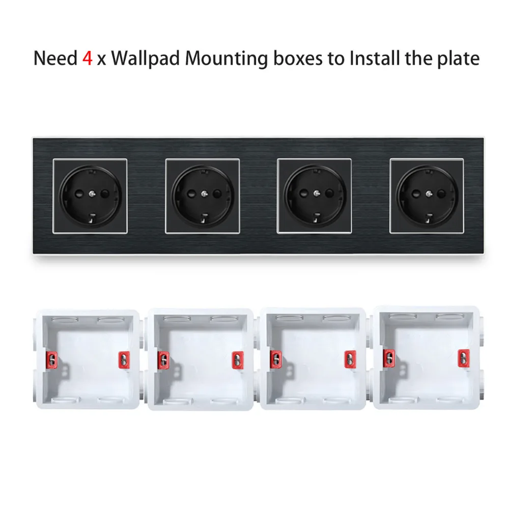 Четырехместный ЕС немецкий разъем Wallpad роскошный гладкая металлическая панель 4 Way 344*86 мм Рамка ЕС 16A Электрический настенный, мощность Schuko