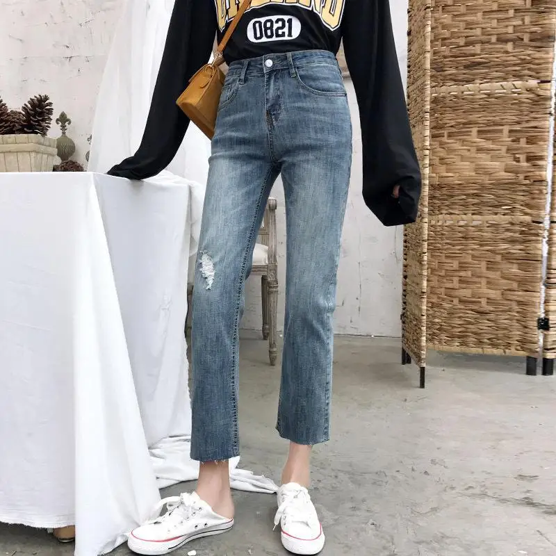 

Retro High Waist Women Jeans Pants Ankle Length Female Trousers Plus Size 32 Female Straight Jeans Ladies Denim Blue Pantalon