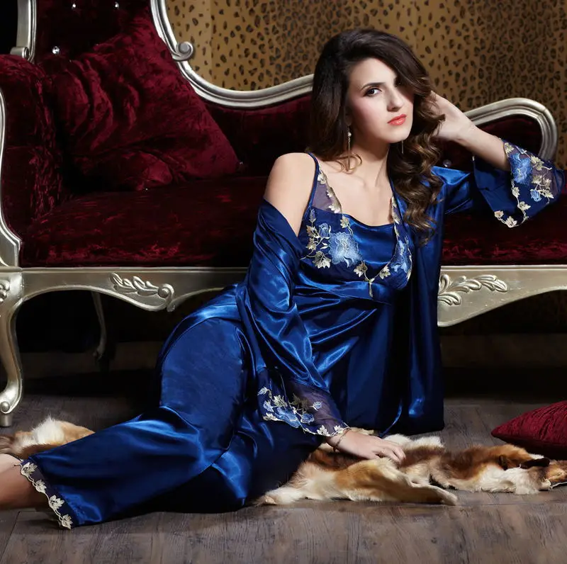 Женский комплект сексуальной пижамы из 3 искусственного шелка качественный