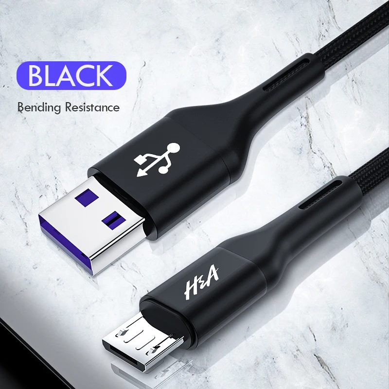 Черный H& A Micro USB кабель быстрой зарядки Кабель зарядного устройства микро-usb для samsung A7 Xiaomi Redmi Note 5 Android кабели для мобильных телефонов - Цвет: Черный