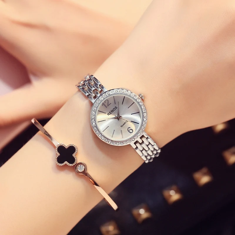 RENOS кварцевые часы для женщин с коробкой Стразы простой скелет браслет наручные