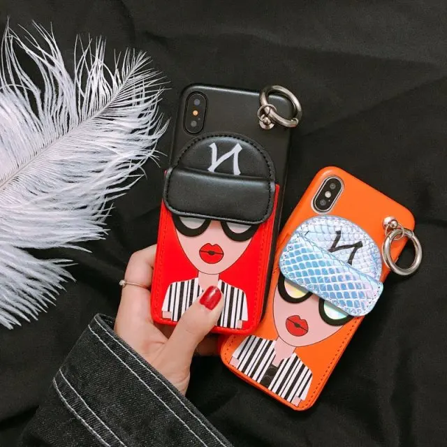 Fashion Sexy girl Black N Cap card pocket for iPhone 6 7 8 X XS phone case sunglasses cool lady finger ring 6S back cover |