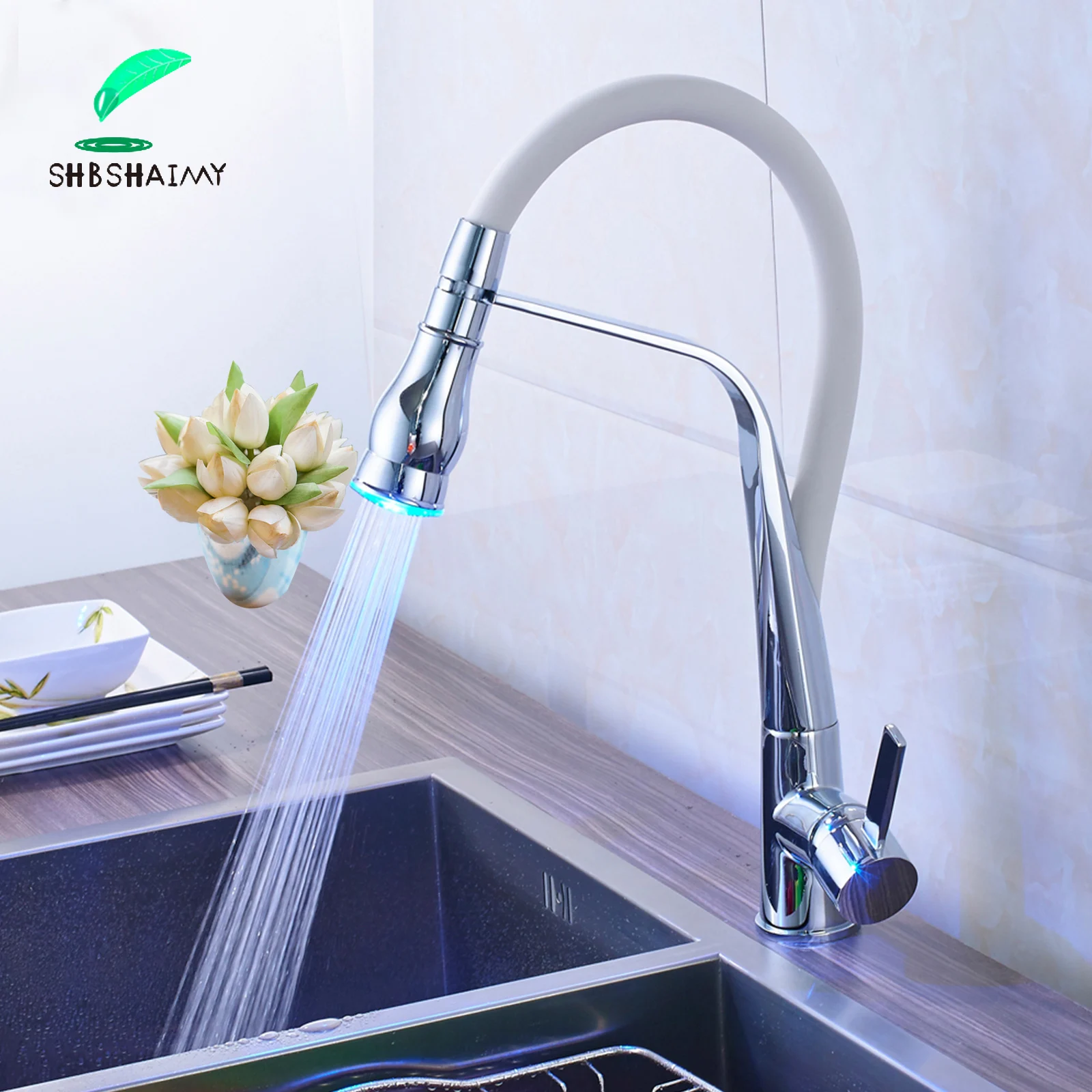 

SHBSHAIMY Unique Design Chrome LED Kitchen Faucet Deck Mounted Pull Out Single Handle Hole Vessel Sink Mixer Tap Hot & Cold