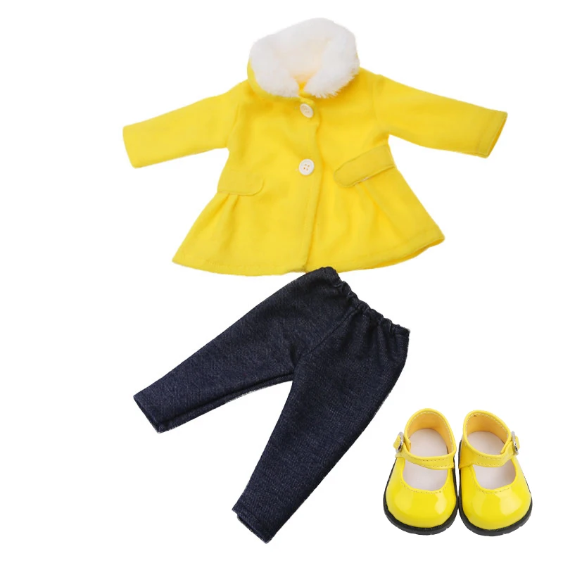 Yellow 18 дюймов, с круглым вырезом, для девочек Единорог одежда шерстяное пальто+ штаны для малышей; туфли американский born платье детские игрушки подходит 43 см для ухода за ребенком для мам, детские куклы, c701 - Цвет: Yellow