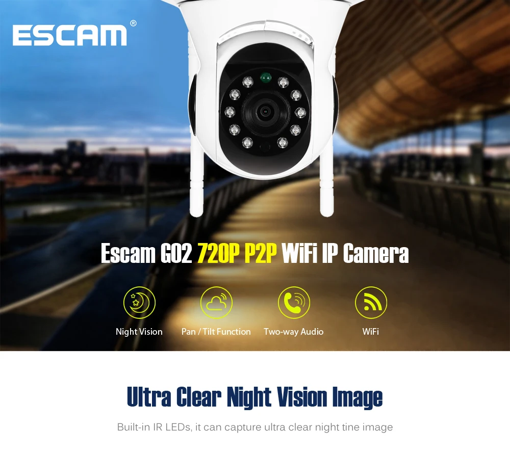 ESCAM G02 двойная антенна 720P панорамирование/наклон WiFi IP IR камера Поддержка ONVIF Max до 128 Гб Видео монитор ip камера Домашняя безопасность