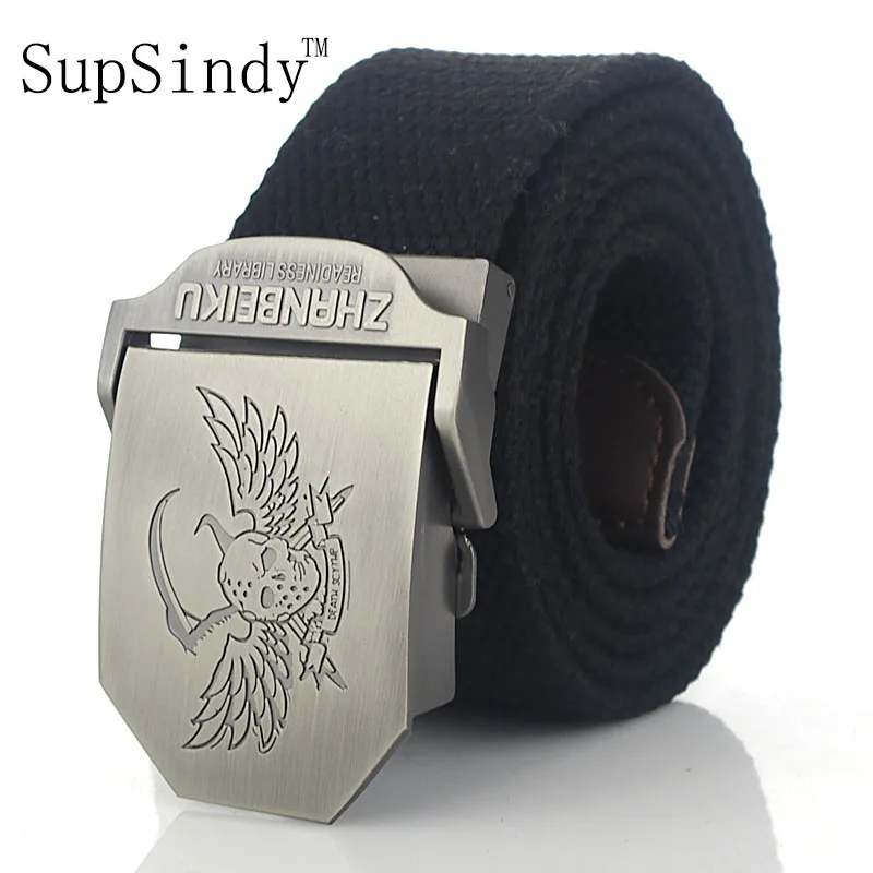 SupSindy men's canvas belt Grim reaper metal buckle military belt Army tactical belts for Male top quality men strap Army green