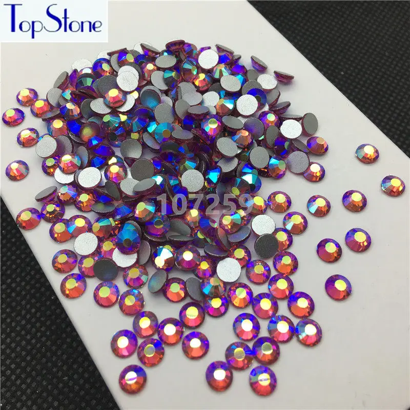 Круглые стразы для дизайна ногтей TopStone розовые AB цветные с круглыми стеклянными
