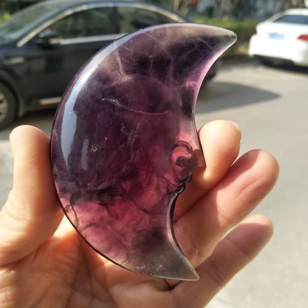 149gnatural rock rainbow fluorite crystal stone carved small smile face moon statue | Stones