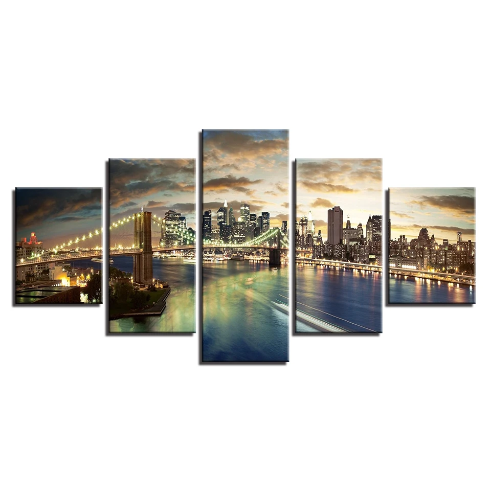 Холст Картины Гостиная Wall Art 5 шт. Бруклинский мост город ночной вид фотографии