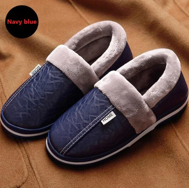 navy blue Зимние домашние тапочки; женская кожаная плюшевая обувь на меху; водонепроницаемые Нескользящие теплые меховые тапочки; нескользящая Хлопковая женская домашняя обувь - Цвет: navy blue