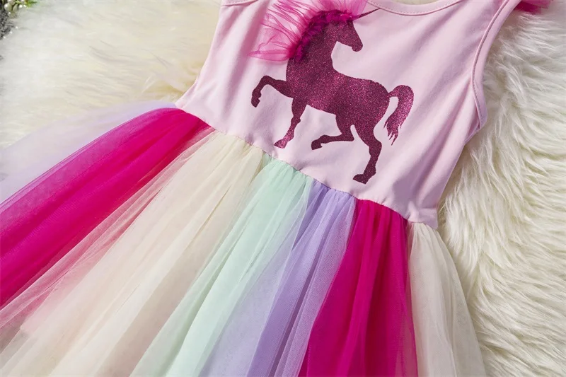 Летние Детские платья нарядный костюм единорога для девочек нарядные принцессы