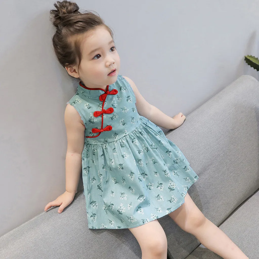 

6M-5YToddler Dresses Sleeveless Kids Baby Girls Floral Cheongsam Chinese Style Party Princess Dress Outfits Children Clothes