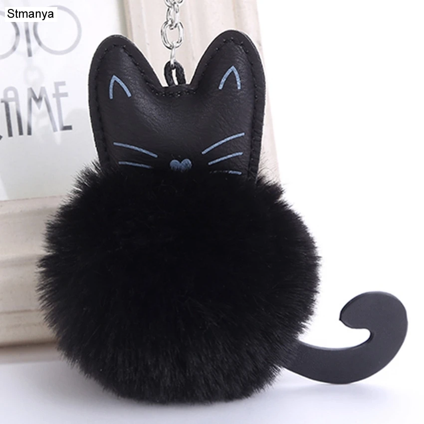 

Animal Pendants Leather Key Chain Fashion Faux Fur Pom Pom ball Cat Car Key Ring female Bag Charm Accessories Gift jewelry K1624
