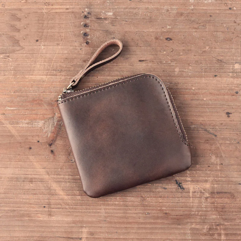 Мужской маленький кошелек на молнии ручной работы из кожи Crazy Horse с карманом для