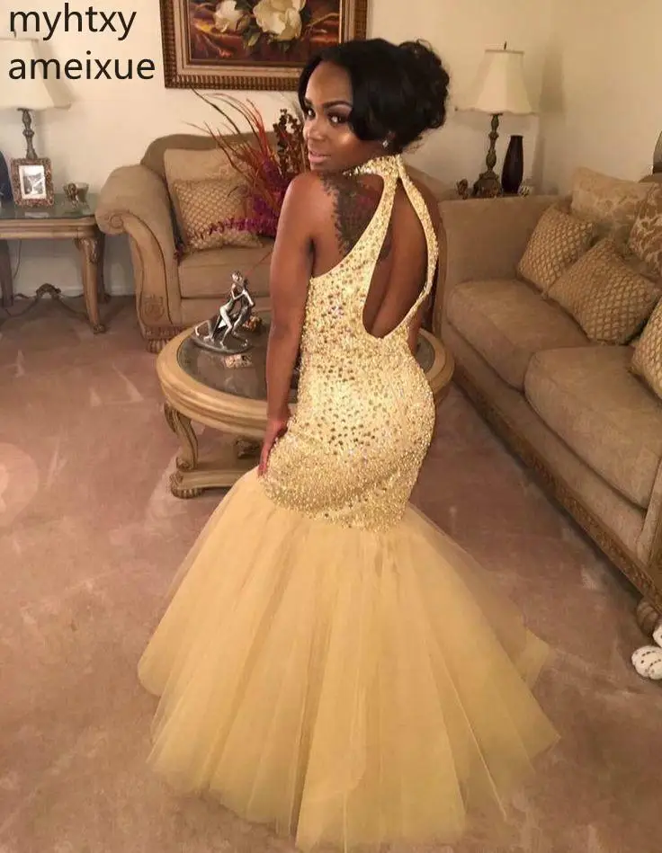 2020 New Neck Backless Mermaid Long Evening Dresses Elegant Beaded Floor Length Special Occasion Party Gowns Women Formal Dress