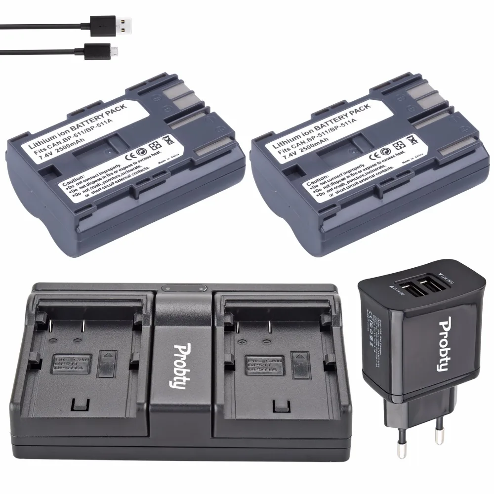 Зарядное устройство Probty 2Pcs BP-511 BP 511 BP511A + двойное зарядное USB 2-портовый разъем для