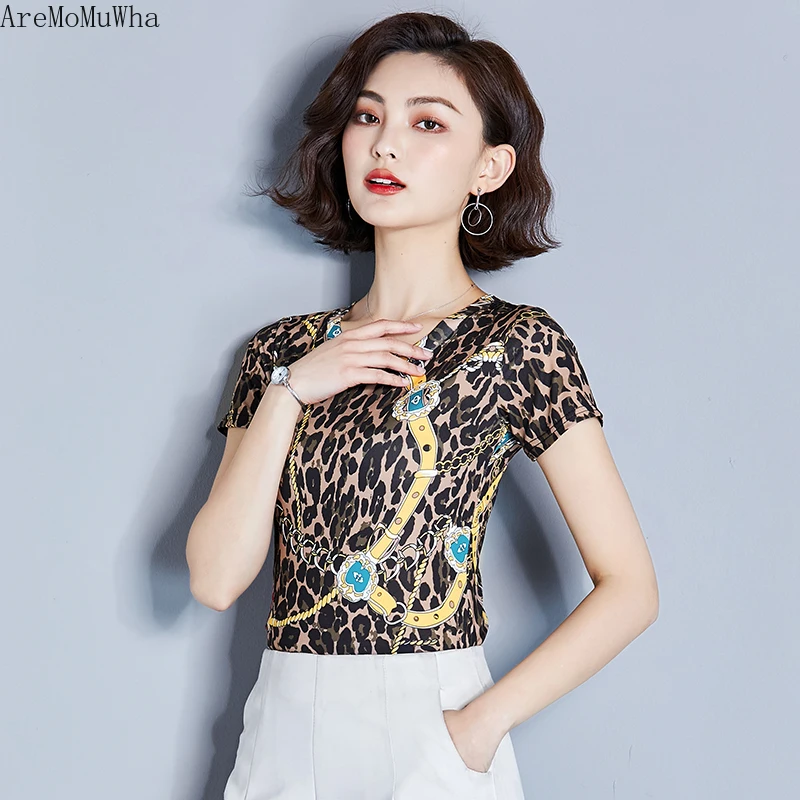 AreMoMuWha 2019 New Female Summer Fashion Print Leopard T-shirt Short-sleeved Slim Slimming Half-sleeved Shirt234 | Женская одежда
