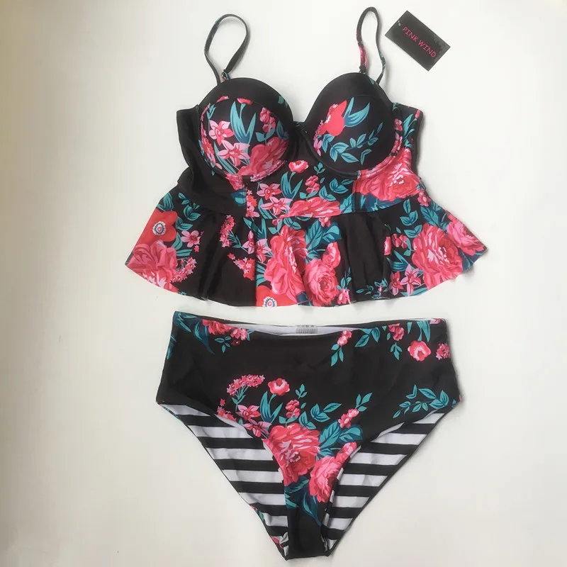 2018 винтажные двухсторонние Танкини с принтом в виде розовых листьев и баской