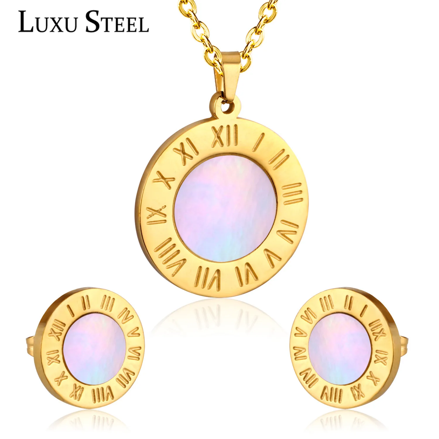 Модное ожерелье LUXUSTEEL с круглым белым кулоном в виде ракушки римскими цифрами