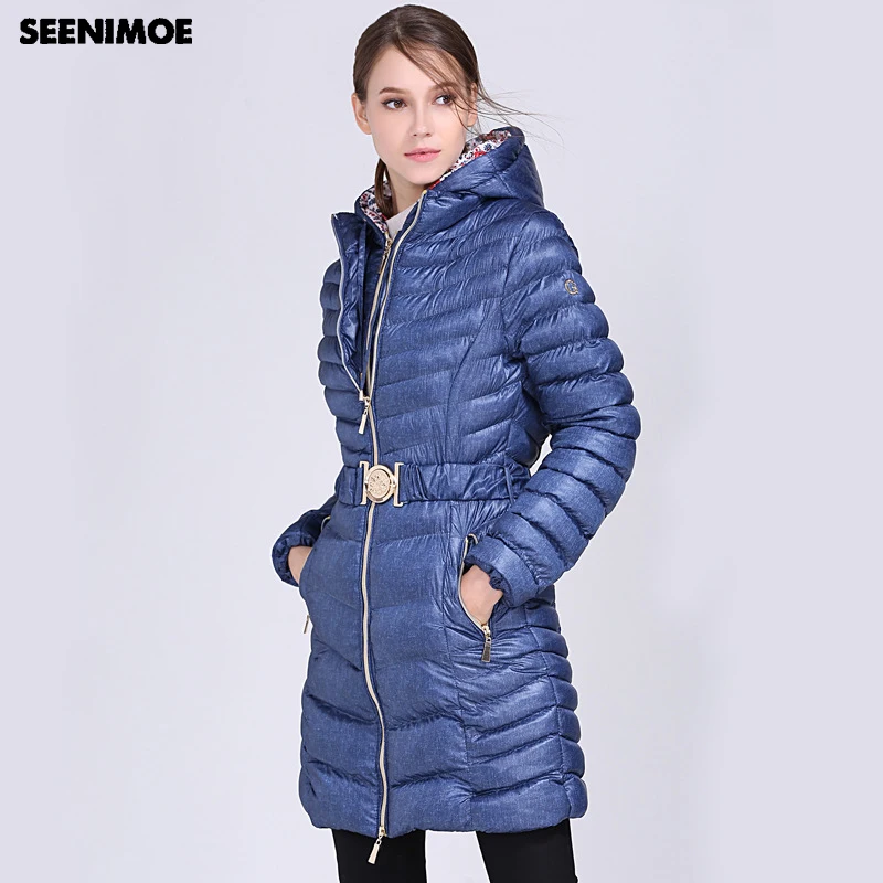 Женская куртка с капюшоном Seenimoe длинная приталенная хлопковой подкладкой теплая