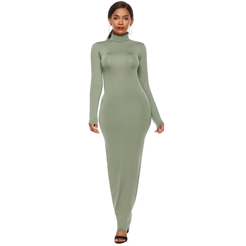 New popular long-sleeved slim women's dress high waist tight collar casual stretch fashion | Женская одежда