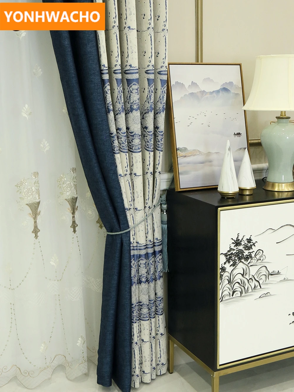 Занавески на заказ китайские спальни высокого класса синель синий белый фарфор