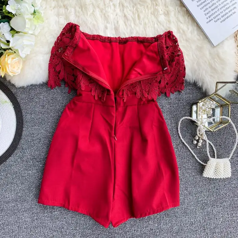 Модный сексуальный короткий комбинезон с цветочным кружевом Женский