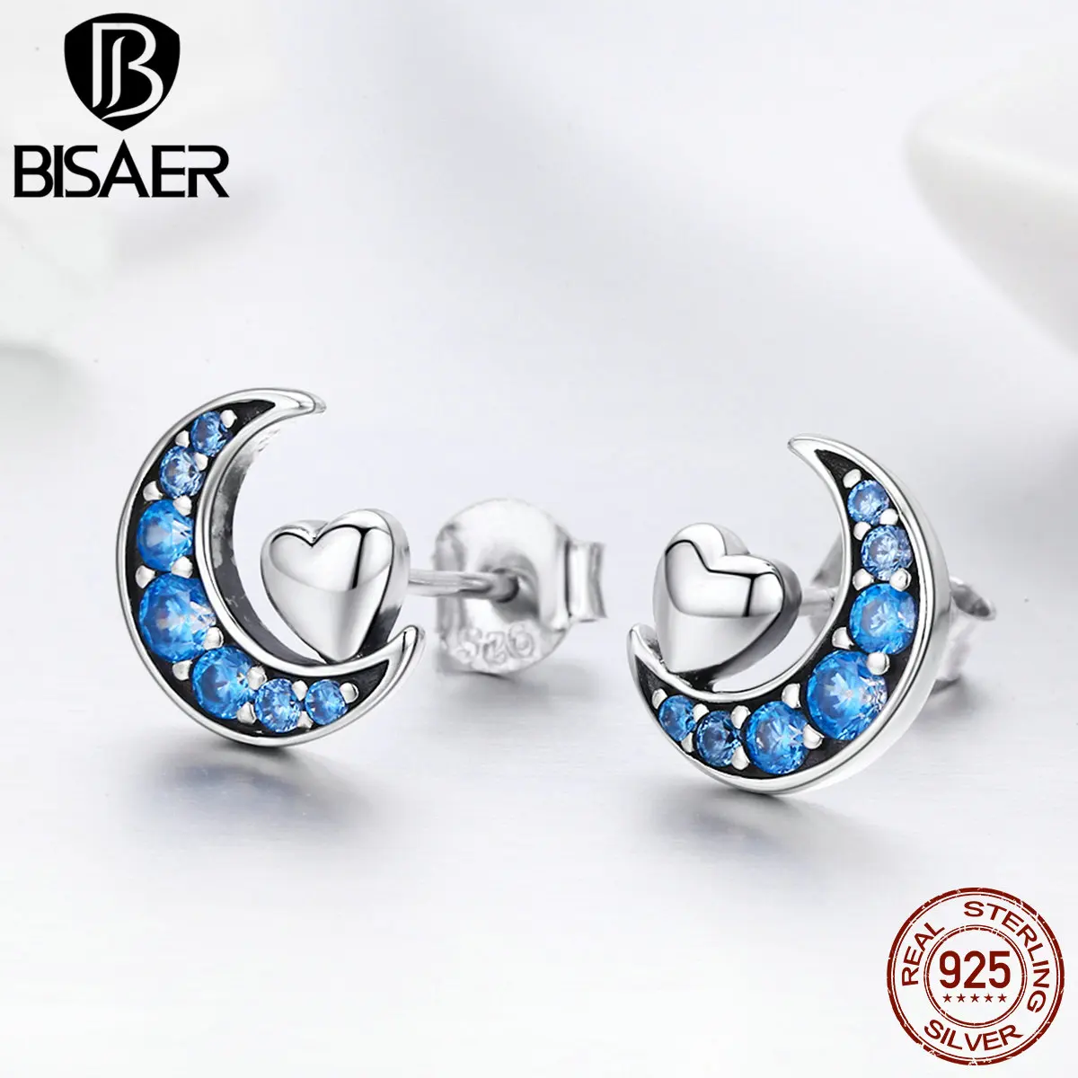 Стерлинговое Серебро 925 пробы синий CZ I Love You To The Moon Heart серьги-гвоздики для женщин Девушка Стерлинговое серебро ювелирные изделия подарок на день рождения