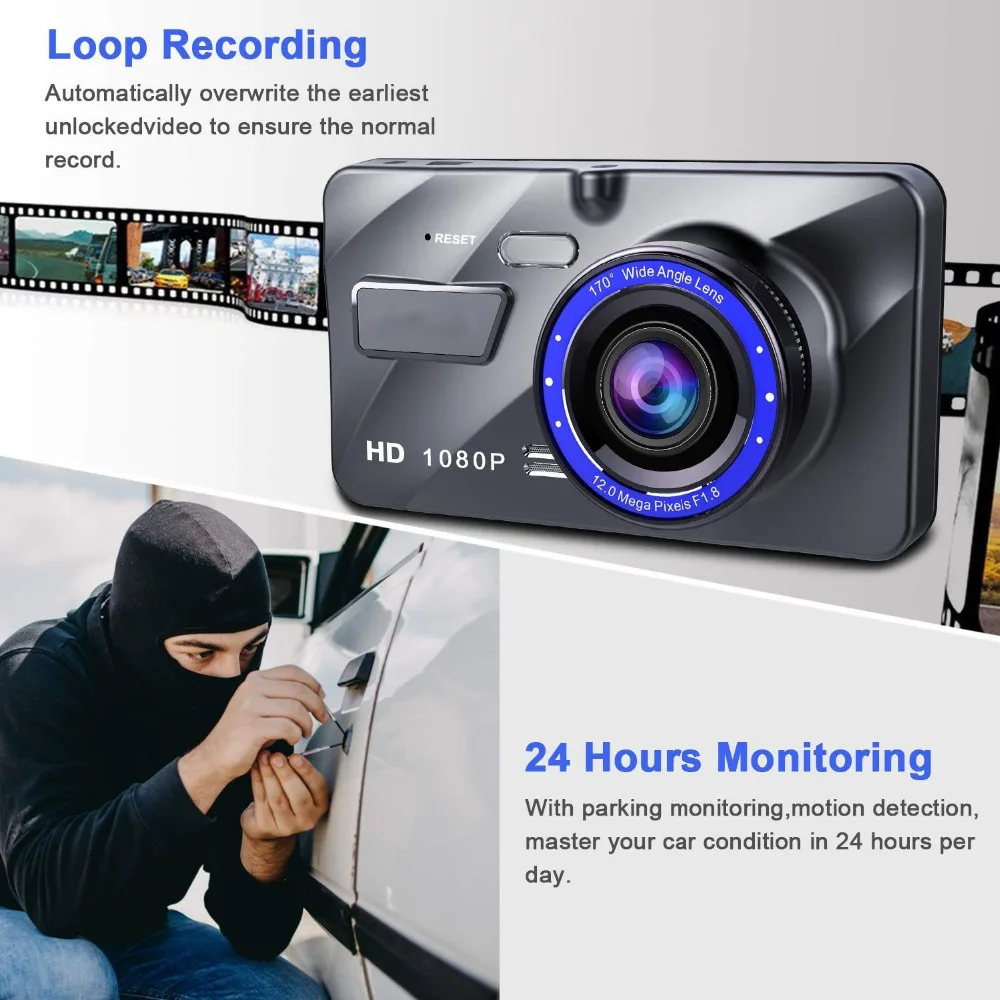 Автомобильный видеорегистратор Dash Cam Full HD 1080 p Автомобильный видеорегистратор 4 дюйма ips экран двойной широкоугольный объектив Автомобильный видеорегистратор g-сенсор