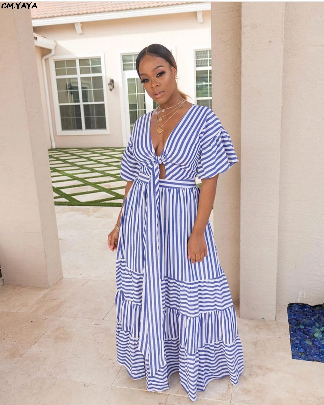 Женское Свободное длинное платье в полоску повседневное Пляжное Платье макси с v