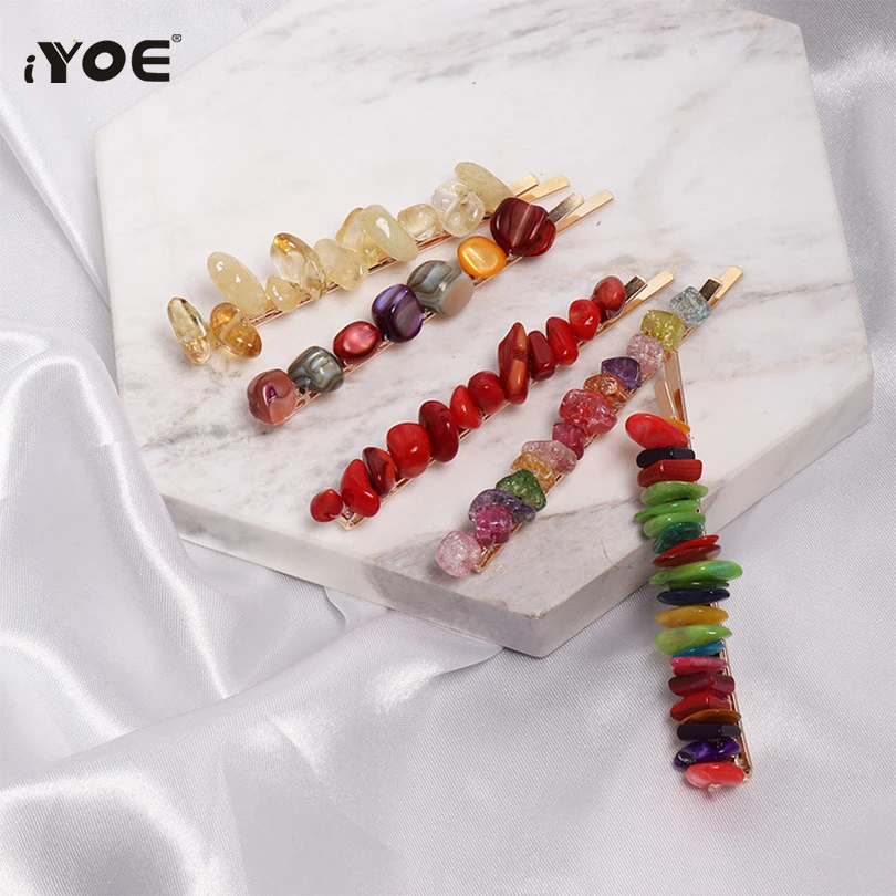 Женские заколки для волос с разноцветными неровными каменными бусинами в