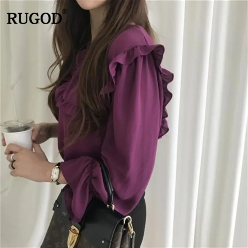 RUGOD Новые однотонные шифоновые женские рубашки с оборками с длинным рукавом элегантные женские блузки с круглым вырезом шикарные женские топы blusas mujer de moda