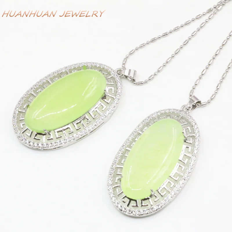 

Charms Women Necklaces & Pendant 24x42mm Green Natural Stone Jades Silver-Color Stainless Steel Zircon Pendants Jewelry B3317
