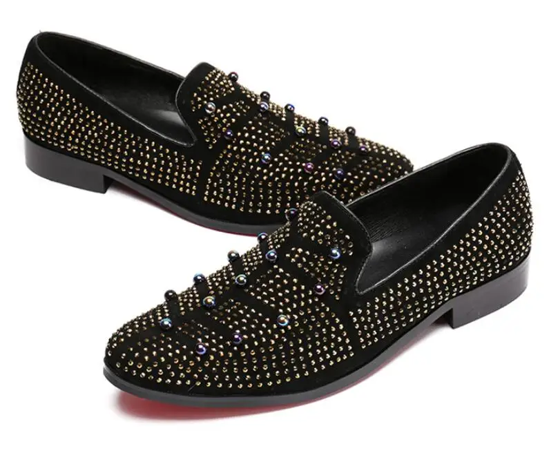 

2019 Fashion Men dress shoes PUNK rivet Rhinestone Black gold Party Wedding Shoes Pointed toe flats Driving Shoes Loafers 38-46