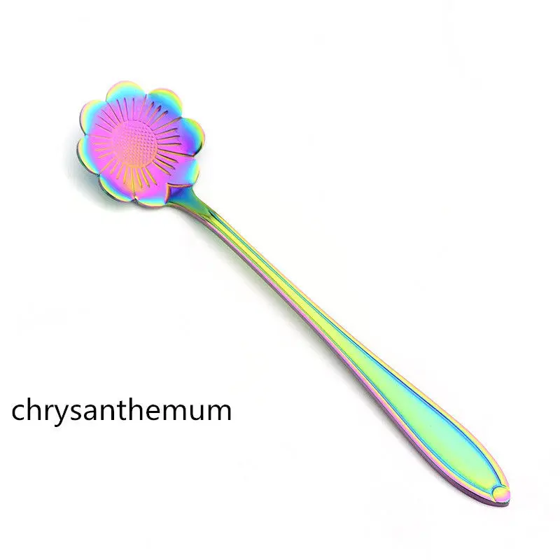 chrysanthemum Нержавеющая сталь цвета радуги с цветочным рисунком Форма чайная, кофейная ложка для мороженого сахара столовые приборы посуда Кухня инструменты - Цвет: chrysanthemum