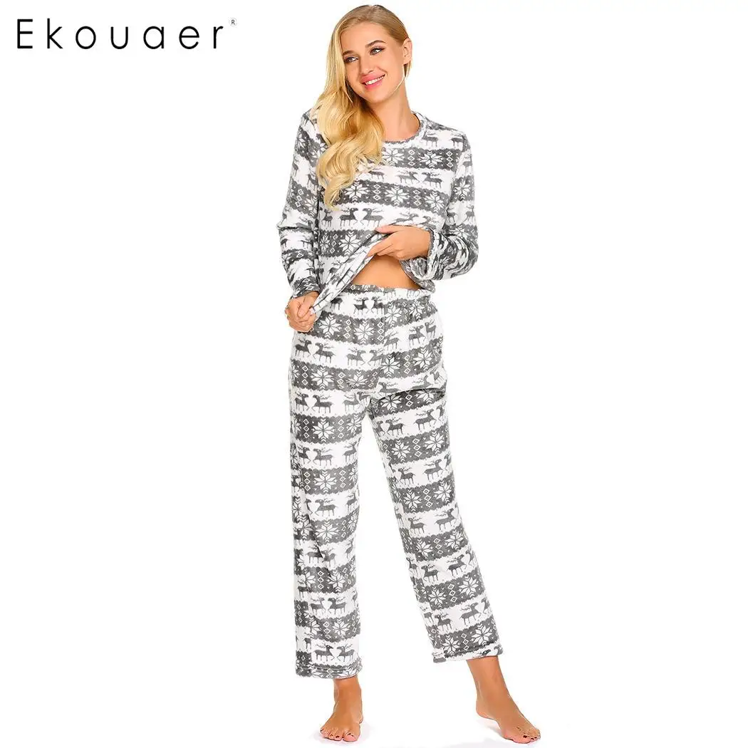 Ekouaer/осенне зимние женские пижамные комплекты пижамы с длинными рукавами и