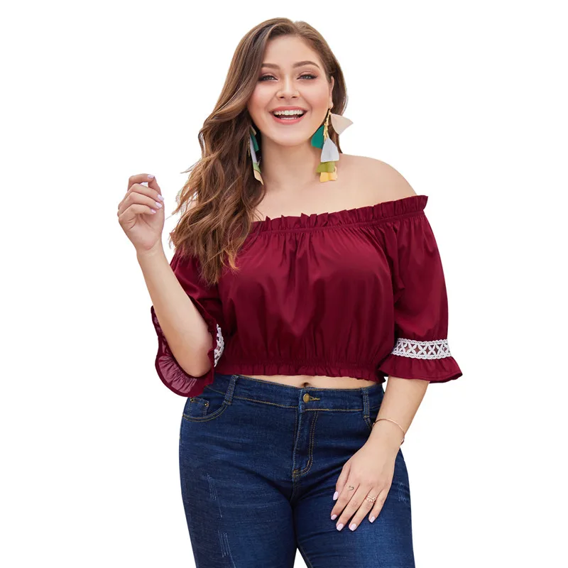 Женские топы Плюс Размер короткий рукав с открытыми плечами кружева