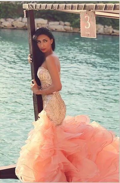 Sexy Mermaid Peach Ruffle One Shoulder Prom Dresses 2017 Formal Evening Dress Sweetheart Crystal Organza Prom Gowns XY1015