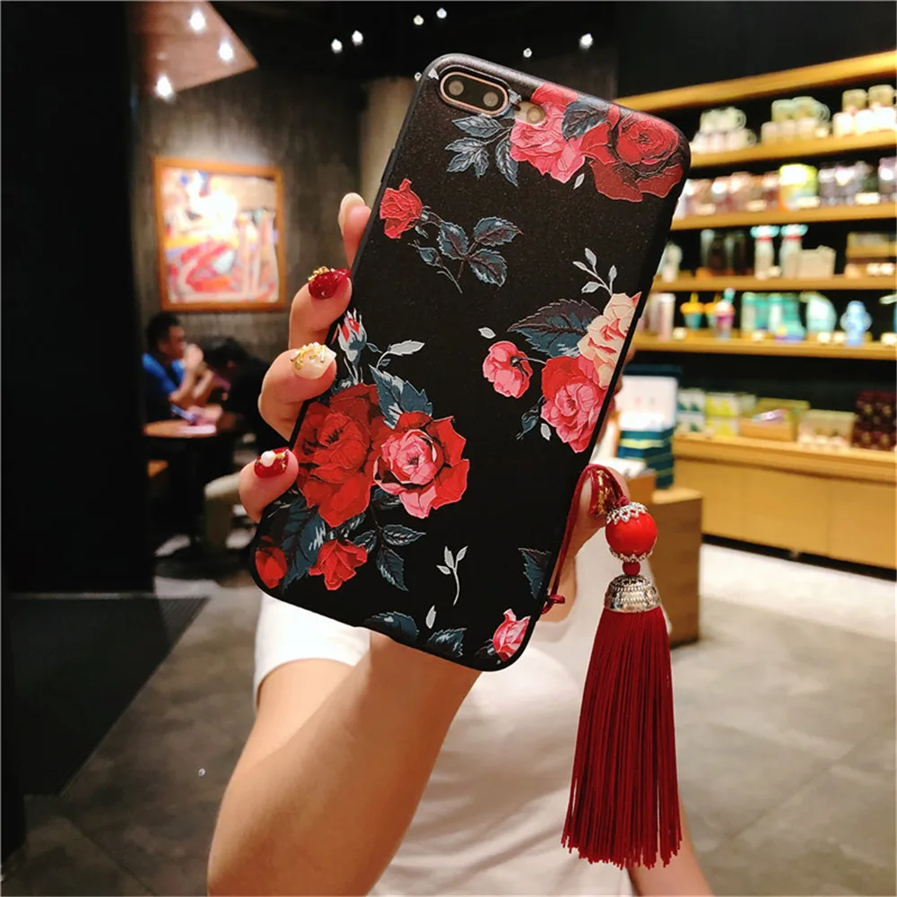 Fashion Flower Silicone Phone Case for IPhone 7 Retro 3D Rose Leaves Tassel X 5 5S 6 6S 8 Plus Cover Fundas |