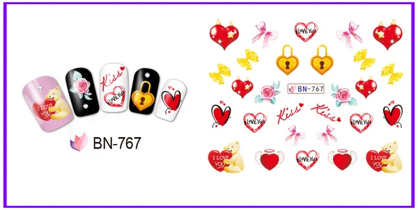 UPRETTEGO 12 упак./лот переводка NAIL ART Наклейки для ногтей на День святого Валентина свадьбы Kiss Bear сладкое сердце чашка любовь BN757-768