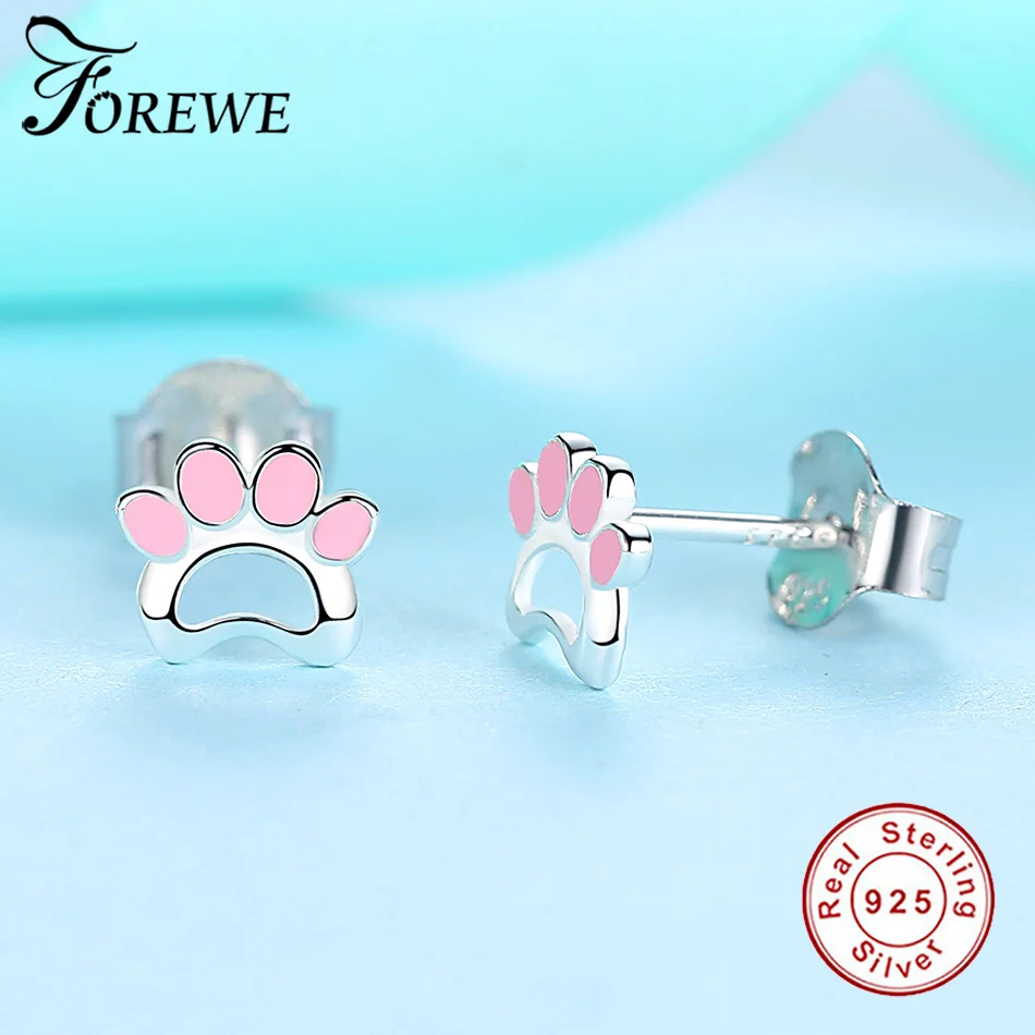 FOREWE Authentic 925 Sterling Silver Cute Earrings Pink Enamel Cat Footprints Stud for Women Girls Kids Fashion Jewelry | Украшения и