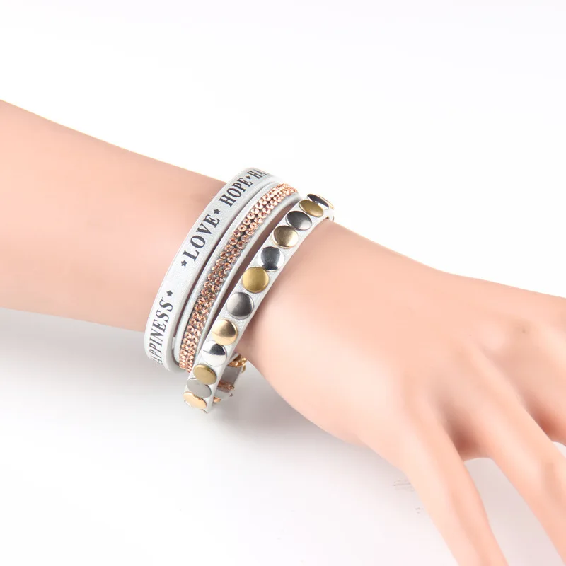 

Bohemian Handmade jewelry rhinestone Newest Rhinestone l rivet love hope happiness Multilayer leather warp bracelet for women