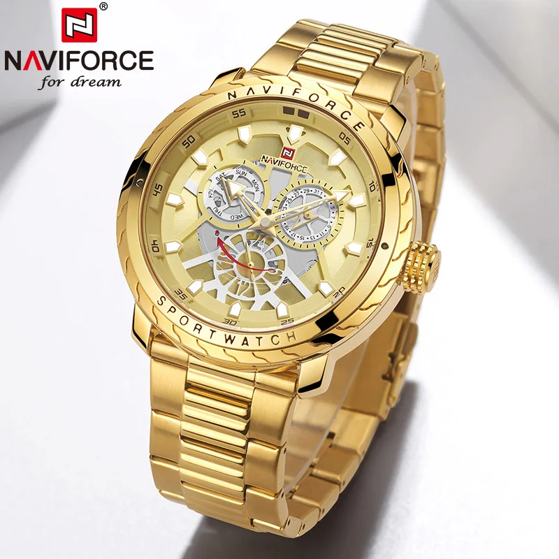 Naviforce золотые часы для мужчин роскошные мужские Топ бренд класса люкс хронограф 30