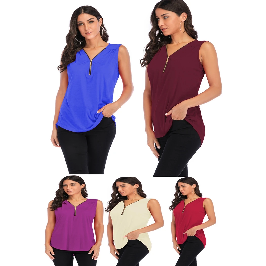 Летняя Повседневная Блузка без рукавов свободная майка на молнии женская новая с